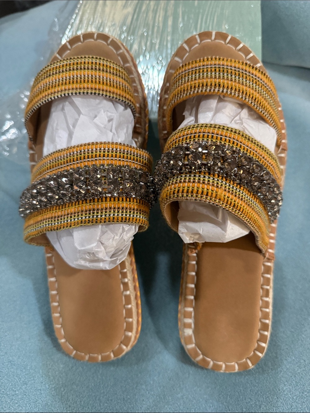 Crown Vintage Yellow Beaded Double-Strap Slide Sandals